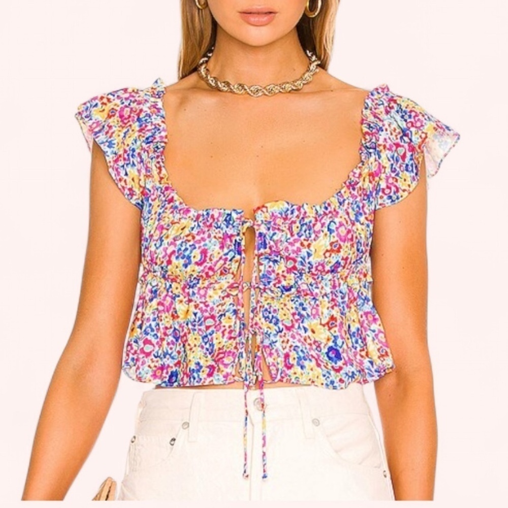 For Love & Lemons Sasha Floral Ruffle Tie Front Crop Top Size L Silk-Blend Satin